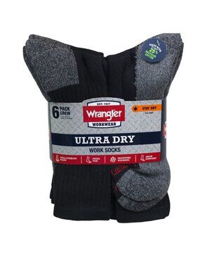 Wrangler Ultra Dry Work Socks 6-Pack Crew Arch Support Steel Toe Cushion Foot